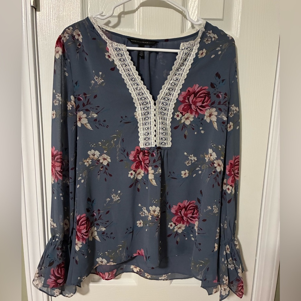 White House Black Market Slate Blue Floral Lace-Trim Blouse